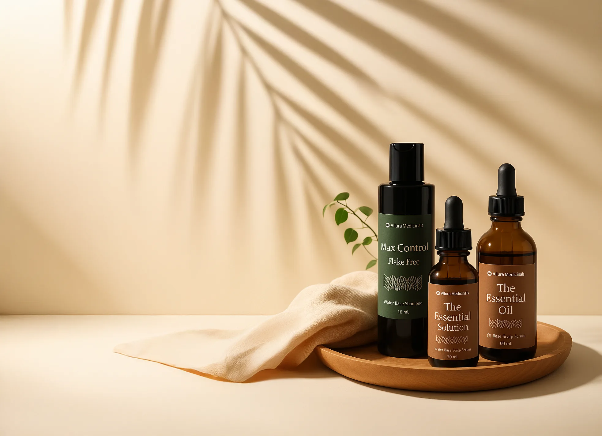 Max Control shampoo, The Essential Solution, and The Essential Oil on a wooden tray